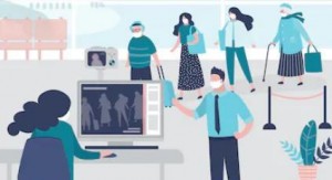 Masked people go through a thermal screening checkpoint monitored by staff using a computer and scanner.